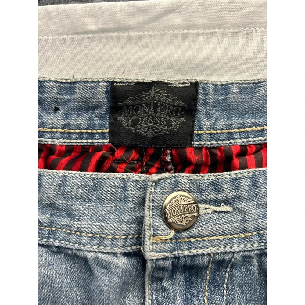 Montero Jeans Mens 36x32 Blue Distressed Ripped Straight Y2K Denim Flap Pocket